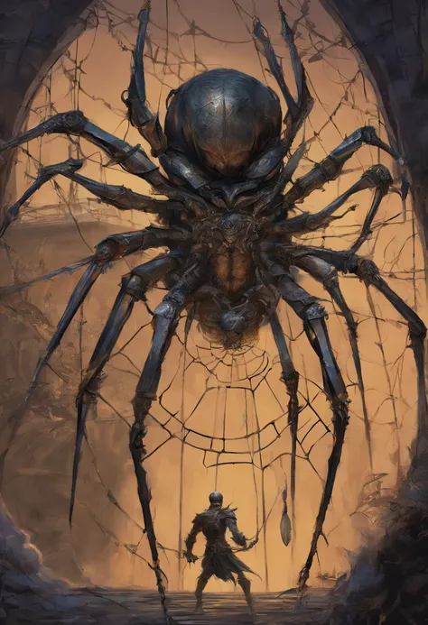 Huge metal spider that is in prison a warrior in a wire web , Tyler Edlin Fantasy Art, Style artistique humblewood, Illustration High Fantasy, guerrier , Surprisingly detailed D & D art