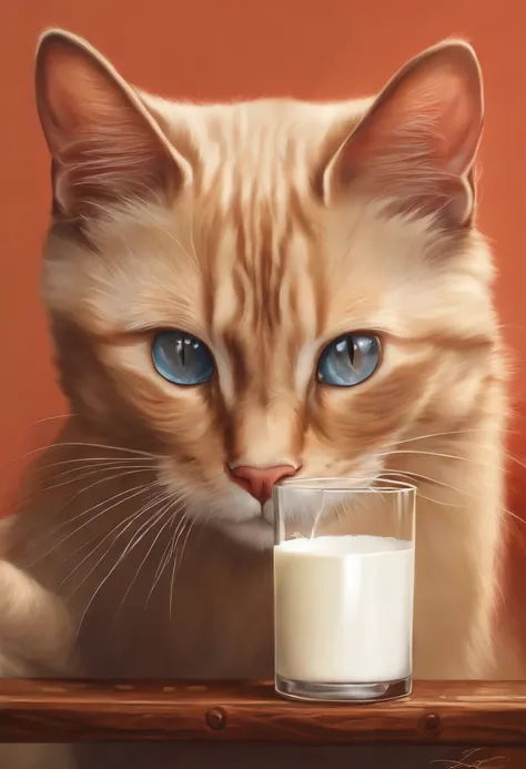 There was a cat sitting next to a glass of milk, Gato bebiendo leche, Illustration of 1 Trigrade Red-tipped Siamese Cat, ojos azules grisaceos, Ilustraciones ultrarrealistas, Ilustraciones ultrarrealistas, hypperrealistic illustration, un gato. Pintura rea...