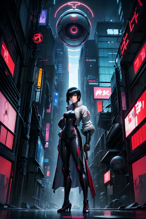 Ghost in the Shell al estilo del anime vintage de los 90, robotical, Scifi, futuristic, surrealismo, Estilo Akira, Traje Avanzado, Arte lineal detallado, Detalles finos, Greg Rutkowski Makoto Shinkai Kyoto Animation Female Key Art Eye Level Shot