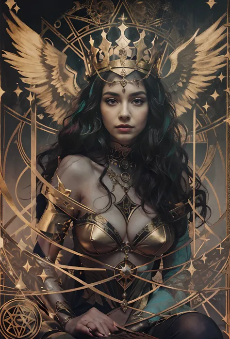 tarot card, chiaroscuro technique on sensual illustration of an queen of pentacle, vintage queen, earthy eerie, matte painting, by Hannah Dale, by Harumi Hironaka, extremely soft colors, hint of gold vibrant, highly detailed, digital artwork, high contrast...