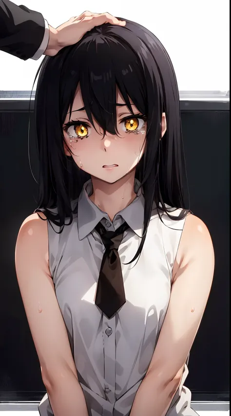 (mieruko:1.3), 1girl, scared, tears, sweat drips, yellow detailed eyes, long black hair, big eyes, (open mouth:0.1), detailed pupils, hdr shadows, ((elegant clothes, sleeveless)), ((upper body, headpat by a man)).