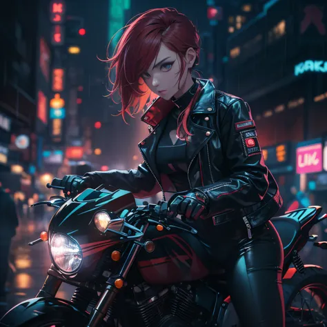 girl on bike, motorcycle, leather outfit, short hair, dark colors, cyberpunk, neon lights, red hair, sexy, bodysuit++, night time, city street, gloves, jacket, rain