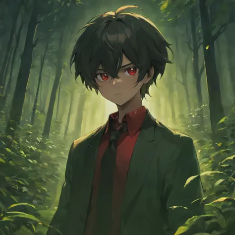 [{{Scenario} dark river , moonlight} forest at night] one guy , red theme , vampire , black hair , [Red eyes] , Masterpiece , 4k , anime, realistic ,(((Nana Anime))), cowboy shot