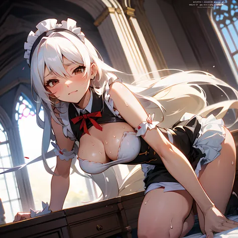 dynamic angle, anime woman in a castle, she is a maid, panty shot, medium size breasts, long white hair, brown eyes, sweat dripping down legs, absolutely in love, lewd, shy but cute and mature