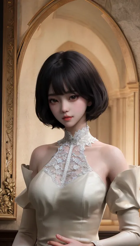 1girl, looking at viewer,
upper body, 3D, realistic,(bangs,short hair),
large breasts, excessively frilled princess dress, draped clothes, jewelry, ornament, flower, lace trim,
masterpiece, best quality, 8k, detailed skin texture, detailed cloth texture,  ...