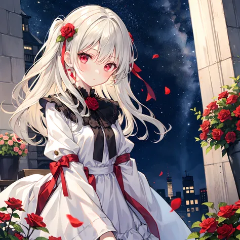 Girl with gray hair and red eyes、Blonde and red-eyed girl、Fluffy clothes、Surrounded by roses