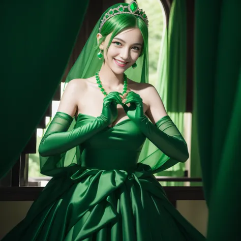 emerald tiara, Green Pearl Necklace, Boyish very short green hair, lipsticks, Japan woman smiling, very short short hair,  big breasts beautiful, Green eyes, Long green gloves made of satin material, Green eyes, Emerald Earrings, green vale, Heart with bot...