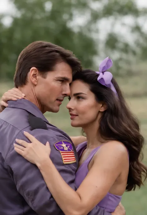 tom cruise in top gun maverick holding a young woman around 20 years old with very tanned skin with freckles, slightly curled black hair tied half up with a purple bow, and a matching purple sundress