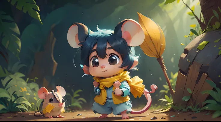 (((Pimpão is a little mouse))), Wearing a small yellow and blue colored scarf around her neck, Seus olhos Expressivo e com medo, Pimpão realizes the danger.