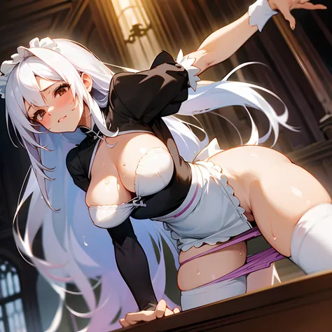 dynamic angle, anime woman in a castle, she is a maid, panty shot, medium size breasts, long white hair, brown eyes, sweat dripping down in between legs, absolutely in love, lewd, shy but very sexy, mature, being used, sex, touching