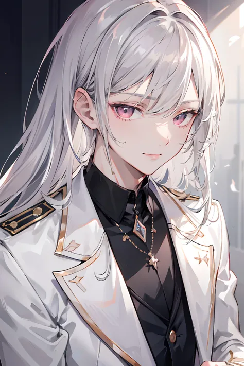 1male, Best quality，masterpiece，a high resolution，Juvenile male, (Messy Pearly Silver hair),  malva dusty pink color eye，elegant features, academy uniform，black pants, gorgeous accessories，coquettish，gentle, seductive, the background is a academy，human rac...