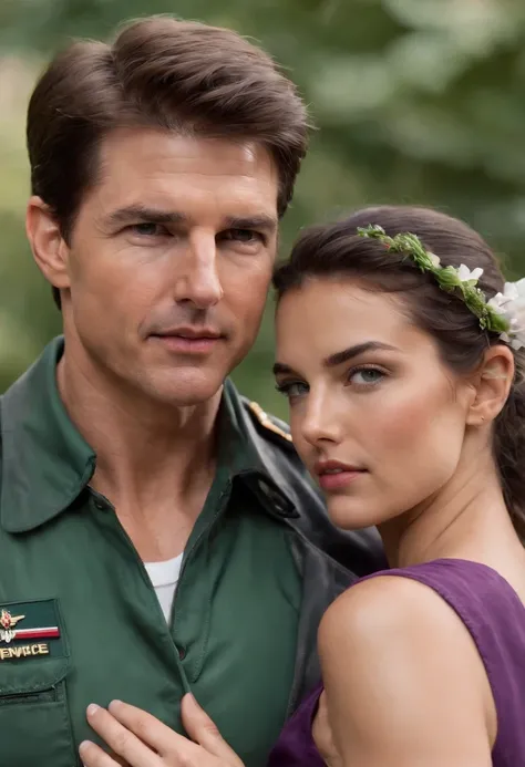 tom cruise in top gun maverick holding a young woman around 20 years old with very tanned skin with freckles, emerald green eyes slightly curled black hair tied half up with a purple bow, and a matching purple sundress. Tom Cruise is wearing a tight white ...