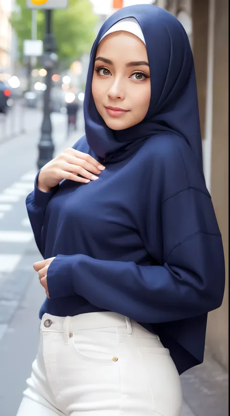 (masterpiece, best quality), beautiful woman, detailed long-sleeved blouse, wearing the hijab on the head, pantalon jeans moulan...