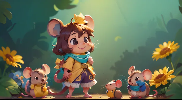 (((Pimpão is a little mouse))), um sorriso encantador, Wearing a small yellow and blue scarf around her neck, com olhar de heroi.