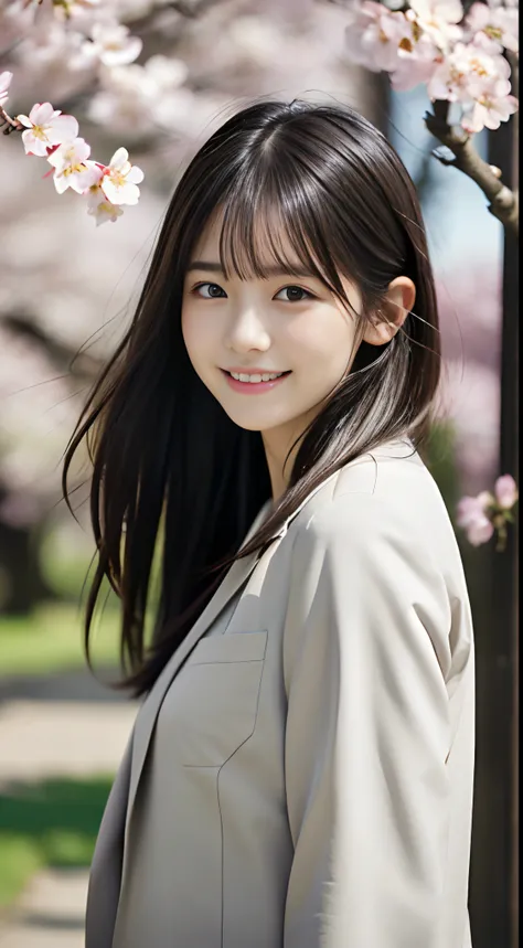 (low  angle shot: of one girl.5)、(Close up from below one girl with slender small breasts and long hair with dull bangs in spring coat and shirt :1.5)、(The girl with a small smile、the hair flutters with the wind :1.5)、(Rows of cherry blossom trees in full ...