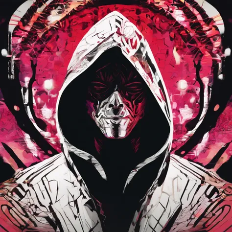 Concept art of a computer game character, blackandwhite, in two projections, An assassin man in a white hooded suit, evil look, evil smile, glowing red background, Simple black lines, blond hair, black eyes