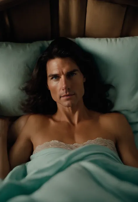 tom cruise as he looks in 2023 holding a woman in bed. the woman is about 20 years old very tanned skin with freckles, lacy baby blue lingerie, long black slightly curled hair, and emerald eyes