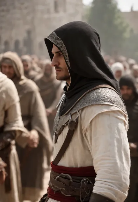 Altaïr Ibn-LaAhad, assassins creed 2007, peak hood, acre, crowds of people, hidden blade sword of Altaïr