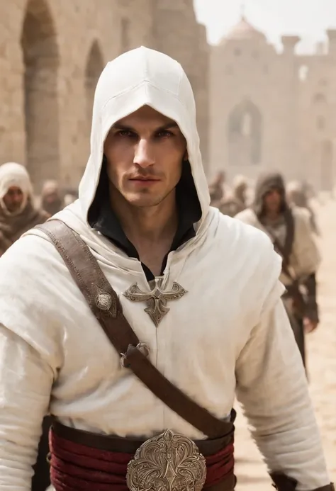 Altaïr Ibn-LaAhad, assassins creed 2007, peak hood, acre, crowds of people, hidden blade sword of Altaïr