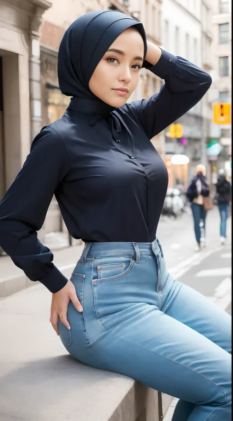 (masterpiece, best quality), perfect ass beauty, detailed long-sleeved blouse, wearing the hijab on the head, pantalon jeans mou...