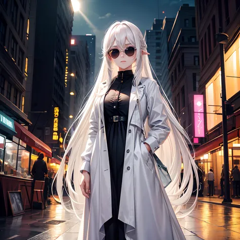 Ultra Quality, Shiny Skin, Atmospheric, 8K, Cinematic, ((Street background)), BREAK, ((Long White Hair)), narrowed black eyes, long black dress, fingers crossed, Sunglasses