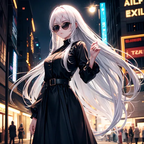 Ultra Quality, Shiny Skin, Atmospheric, 8K, Cinematic, ((Street background)), BREAK, ((Long White Hair)), narrowed black eyes, long black dress, fingers crossed, Sunglasses