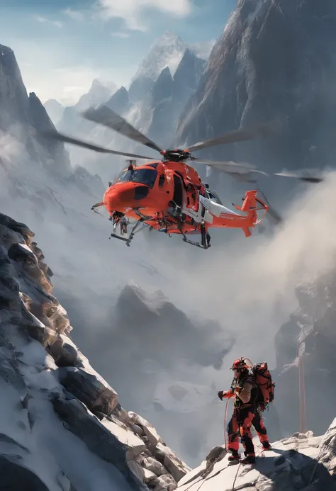 Highlight innovation and bold exploration of rescue technology in urban environments, A group of skilled climbers, Including Chinese individuals, Practice rope rescue techniques in the mountains, Challenge your limits by participating in extreme sports lik...