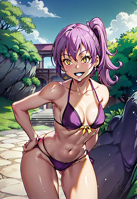 (master piece, best quality: 1.3), 3 girl, medium breasts, in the park, short bikini, showing muscular legs, thick thighs, feminine, hands on hips, ironic smile, ((purple hair side ponytail)) , ((yellow eyes) ), smile, open mouth showing teeth, pretentious...