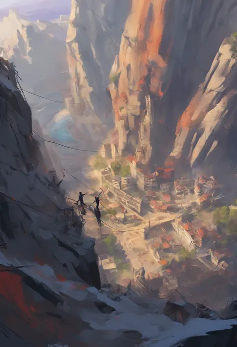 Highlight the innovation and bold exploration of rescue technology in urban environments, A group of skilled climbers, Including Chinese individuals, Rely on ropes for support and safety. The scene captures incredible views from the top of the mountain, Hi...