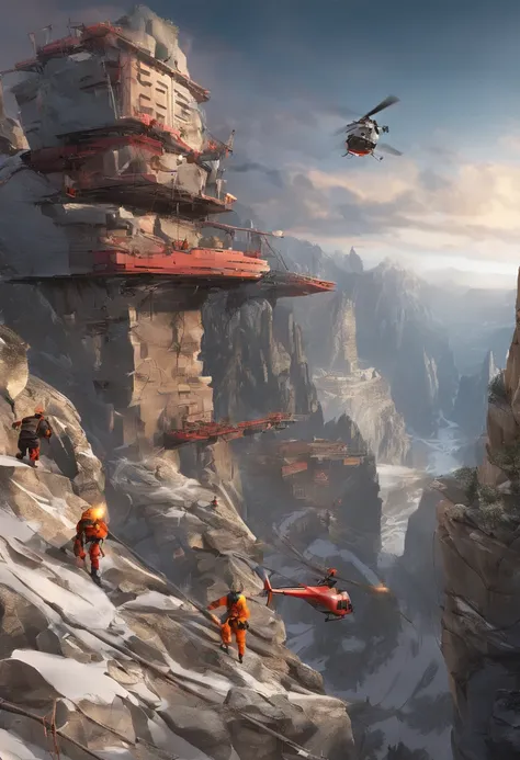 Highlight the innovation and bold exploration of rescue technology in urban environments, A group of skilled climbers, Including Chinese individuals, Rely on ropes for support and safety. The scene captures incredible views from the top of the mountain, Hi...