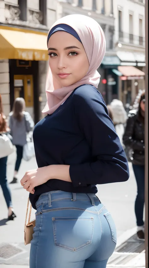 (Masterpiece, Best quality), Perfect Ass Beauty, Detailed long-sleeved blouse, Wearing the hijab on the head, pantalon jeans moulant un cul parfait visage parfait, beau visage, Attirant, De grands yeux magnifiques, ouvrir bouche, contenu, Corps slim fit pa...