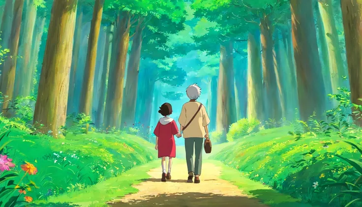 （Crie um cartaz）A boy and grandfather with gray hair , Walking through the magical forest, Traga um saco de caminhada，Hold trekking poles，There are towering trees，Em um fim de semana claro，Pai e filho decidem passar tempo de qualidade juntos。They went to a...