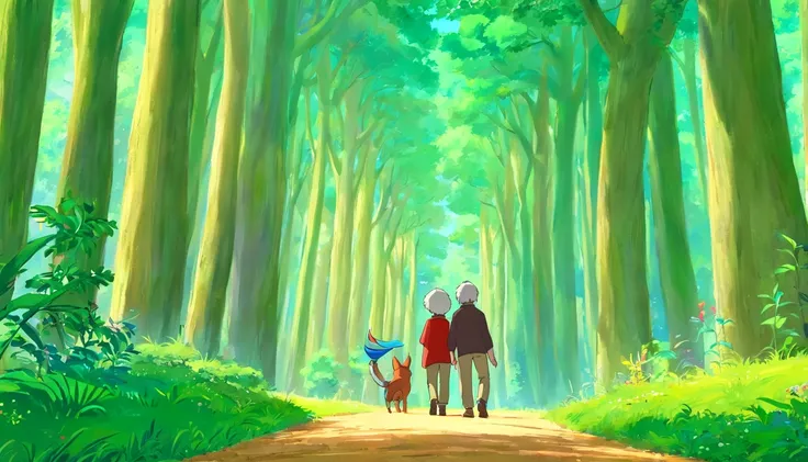 （Crie um cartaz）A boy and grandfather with gray hair , Walking through the magical forest, Traga um saco de caminhada，Hold trekking poles，There are towering trees，Em um fim de semana claro，Pai e filho decidem passar tempo de qualidade juntos。They went to a...