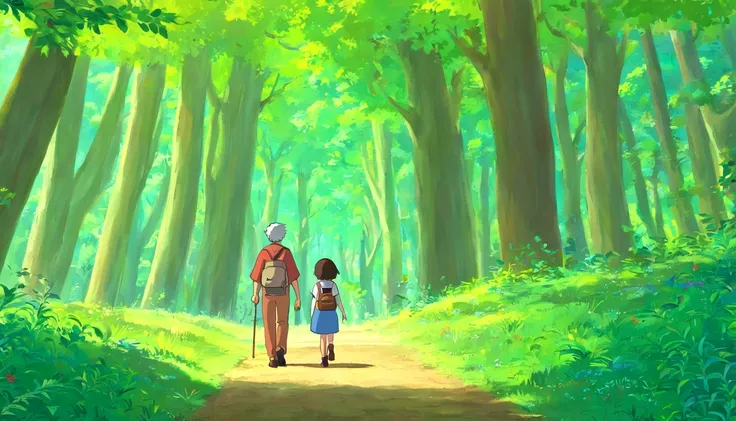 （Crie um cartaz）A boy and grandfather with gray hair , Walking through the magical forest, Traga um saco de caminhada，Hold trekking poles，There are towering trees，Em um fim de semana claro，Pai e filho decidem passar tempo de qualidade juntos。They went to a...