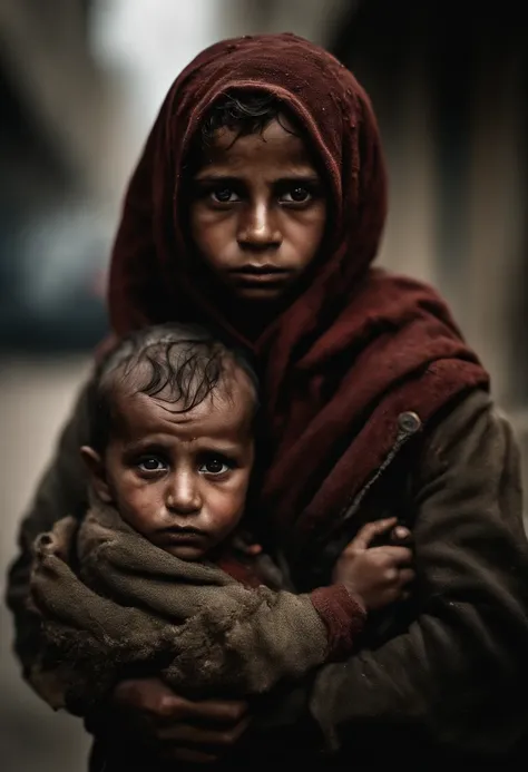 analog style, model photography style, RAW portrait of A PALESTINE CHILD CARRYING A BABY IN HIS ARMS, COVERED IN BLOOD AND HURT, with the city of GAZZA IN FIRE as a background, best quality, epic (by photo by Lee Jeffries, sony a7, 50 mm , pores: 1.5, colo...