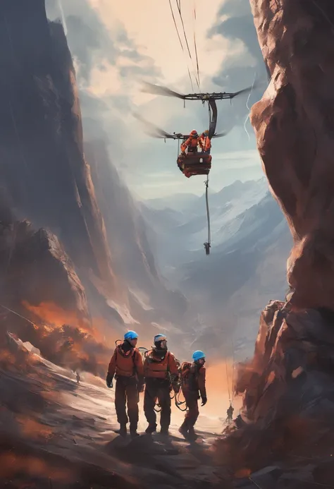 chineseidol，People who carry out rope rescue training，(A group of climbers:1.1),Rescue operations,action sports,climbing,mountain peaks,Cord,challenge,highly,Courage,(Heroic rescue scene:1.2),Emergency Response Team,full body shot of, (Jaw-dropping effect)...