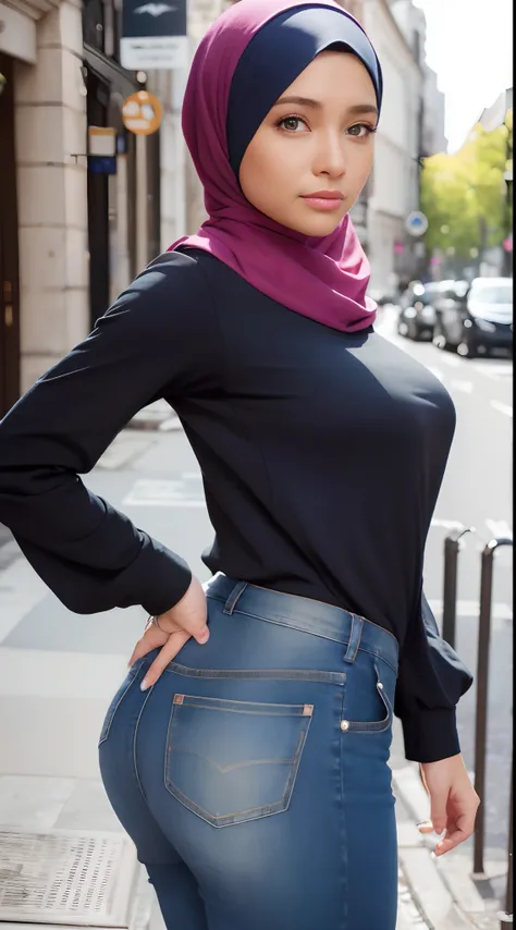 (Masterpiece, Best quality), Perfect Ass Beauty, Detailed long-sleeved blouse, Wearing the hijab on the head, pantalon jeans moulant un cul parfait visage parfait, beau visage, Attirant, De grands yeux magnifiques, ouvrir bouche, contenu, Corps slim fit pa...