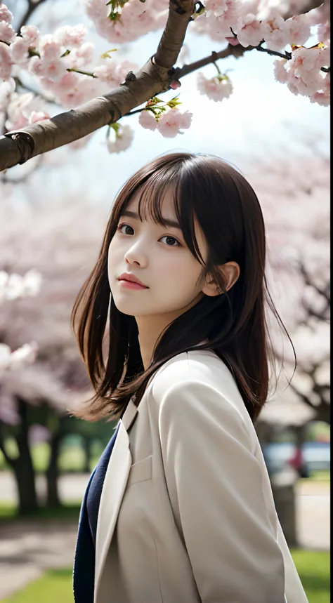 (Close up of one girl with slender small breasts and long hair with dull bangs in a spring coat and shirt :1.5)、(Low angle shot of one girl turn around with sad face、the hair flutters with the wind :1.5)、(Rows of cherry blossom trees in full bloom and cher...