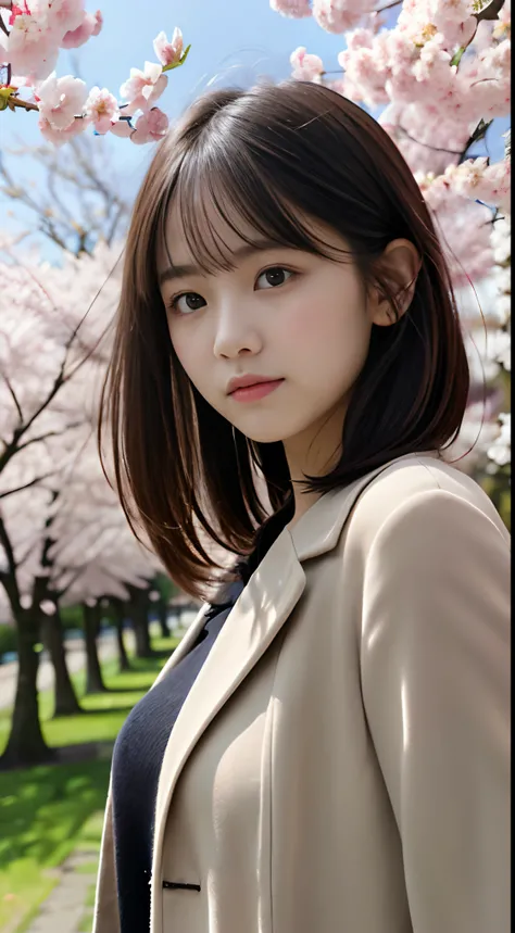 (Close up portrait of one girl with slender small breasts and long hair with dull bangs in a spring coat and shirt :1.5)、(Low angle shot of one girl turning around with a sad face、the hair flutters with the wind :1.5)、(Rows of cherry blossom trees in full ...