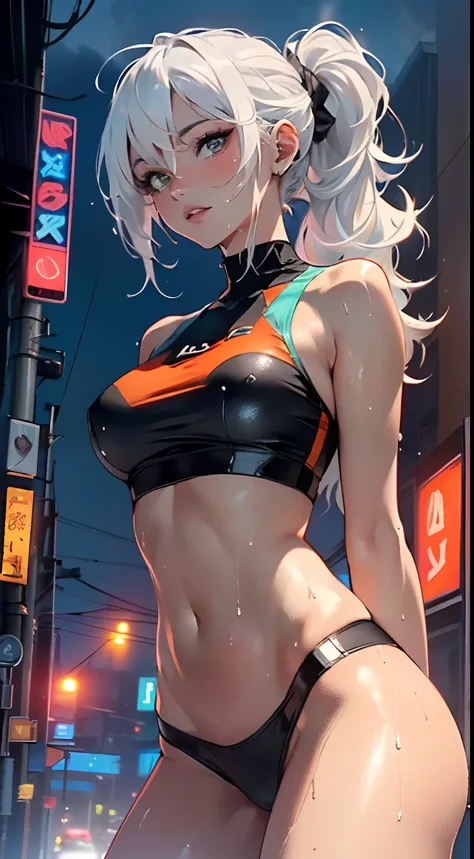 girl sporty,((attractive girl)),

(large breasts:1.4),saggy breasts,(((white hair:1.4,white ponytail hairstyle:1.5,very long hair:1.5))),((heterochromia:1.5, (orange_eye and pink_eye))),intricate eyes,beautiful detailed eyes,symmetrical eyes,((fat))(((lust...