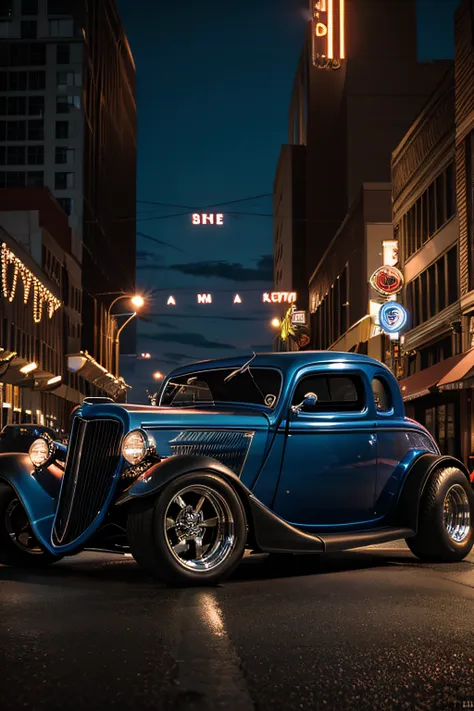 a 1934 ford hotrod lowered with custom wheels. editorial photoshoot downtown at night. cinematic lighting