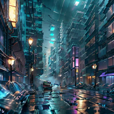 Cidade ao estilo cyberpunk, Lighting style: street lighting, Futuristic, chuva, papel de parede hd，cg arte ，tmasterpiece，melhor qualidade de imagem ，