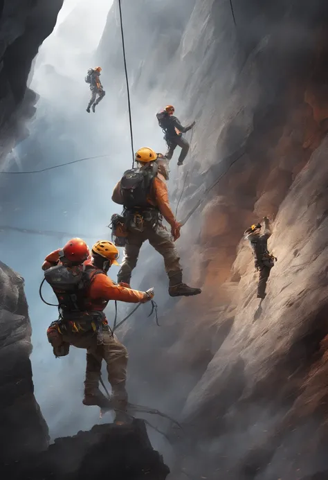 A group of mountaineers carrying out rope rescue training, (a team of rescuers), extreme sports, rock climbing, urban buildings, ropes, challenge, height, courage and determination, (heroic rescue scene:1.2), emergency response team, full-body shots, (jaw-...