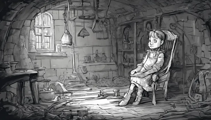 medium close up of a deformed child in a victorian basement. Childrens book style. Sketchy monochromatic.