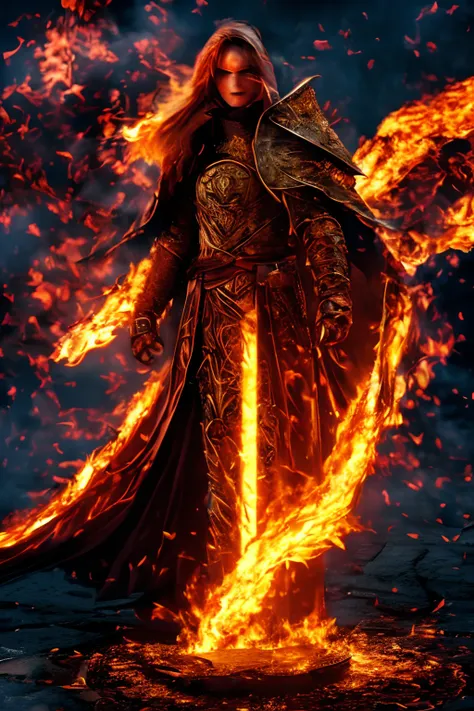 fantasy pyromancer,heavy armor,gazing,into the distance,mystical flames dancing around,fiery emblem,engraved on the chestplate,golden accents,reflected in the flames,burning ash,swirling,at their feet,crackling sound,echoes through the air,smoke billowing,...