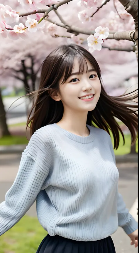 (slender small breasts and long hair,,,,,,、close up low angle shot of one girl with dull bangs in spring colorful sweater and sh...