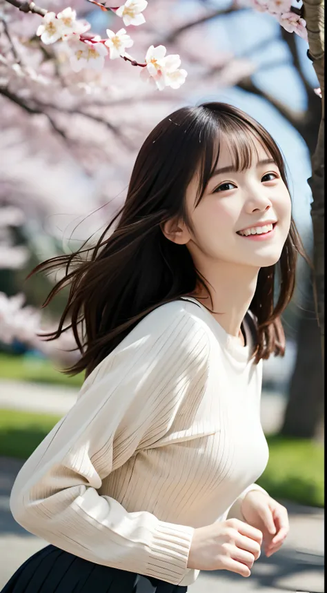 (Close up low angle shot of one girl with slender small breasts and long hair with dull bangs in spring colorful sweater and shirt :1.5)、(Low angle shot of a girl dancing happily、the hair flutters with the wind :1.5)、(Rows of cherry blossom trees in full b...