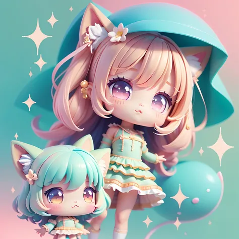 Chibi olhando para cima corpo inteiro anatomia completa , Inclinada, bolhas ao redor, Kawaiitech, kawaii, fofo, pastels colors, best quality 16K,Feliz, vestido lado a lado mangas compridas