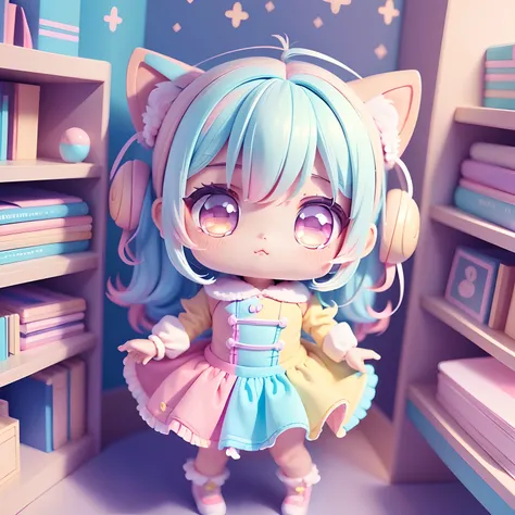 Chibi olhando para cima corpo inteiro anatomia completa , Inclinada, bolhas ao redor, Kawaiitech, kawaii, fofo, pastels colors, best quality 16K,Feliz, vestido lado a lado mangas compridas