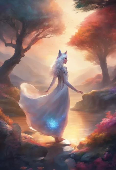 (masterpiece, best quality, ultra-detailed, 4K), 1girl, wolf ears, short hair, (multicolor hair, black and white hair) charismatic, full body, full body dress, godess, mother of earth